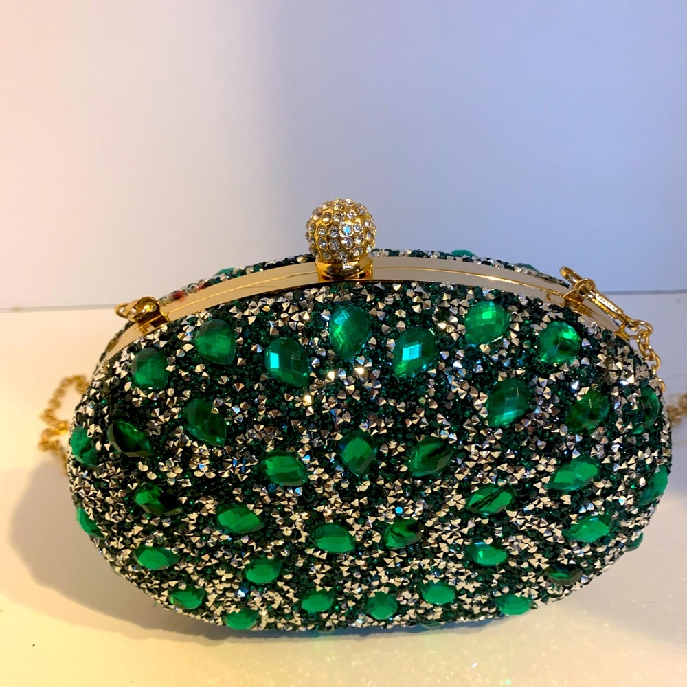 Dress Purse - Green With Sequins, Gold Chain - Gorgeous - EUC - Cocktails Prom